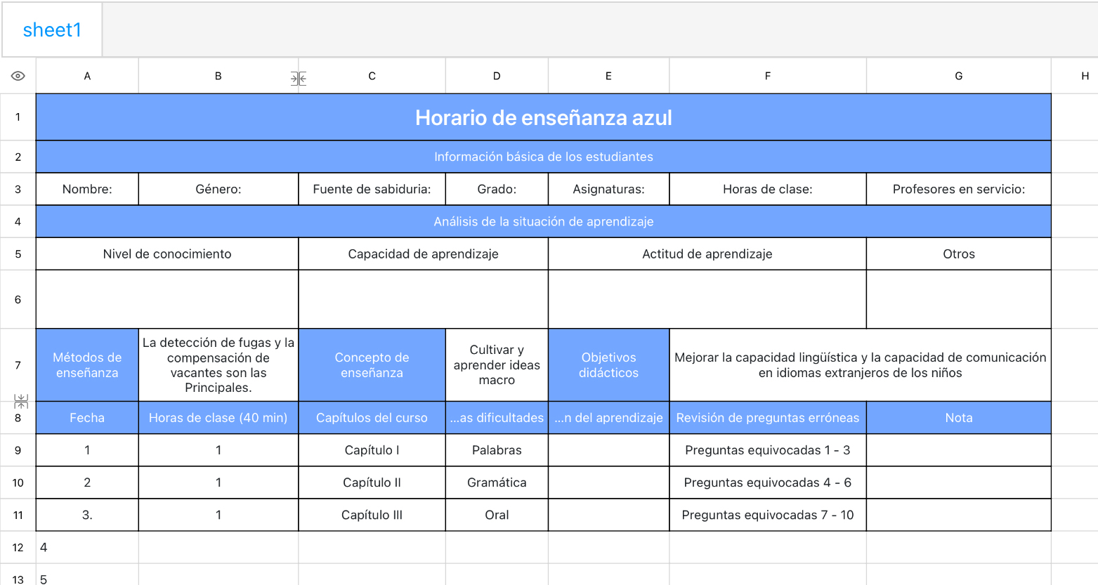 Horario de enseñanza azul